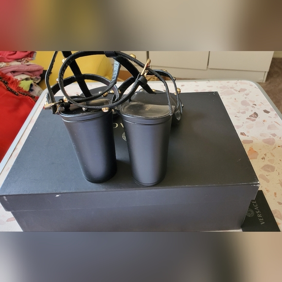 Versace MultiGalvanica Medusa Black/Gold Medallion Block Heel Leather Sandals - Picture 3 of 13